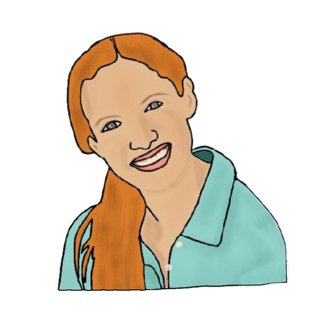 A drawing of a smiling white woman with long red hair in a teal collared shirt.
