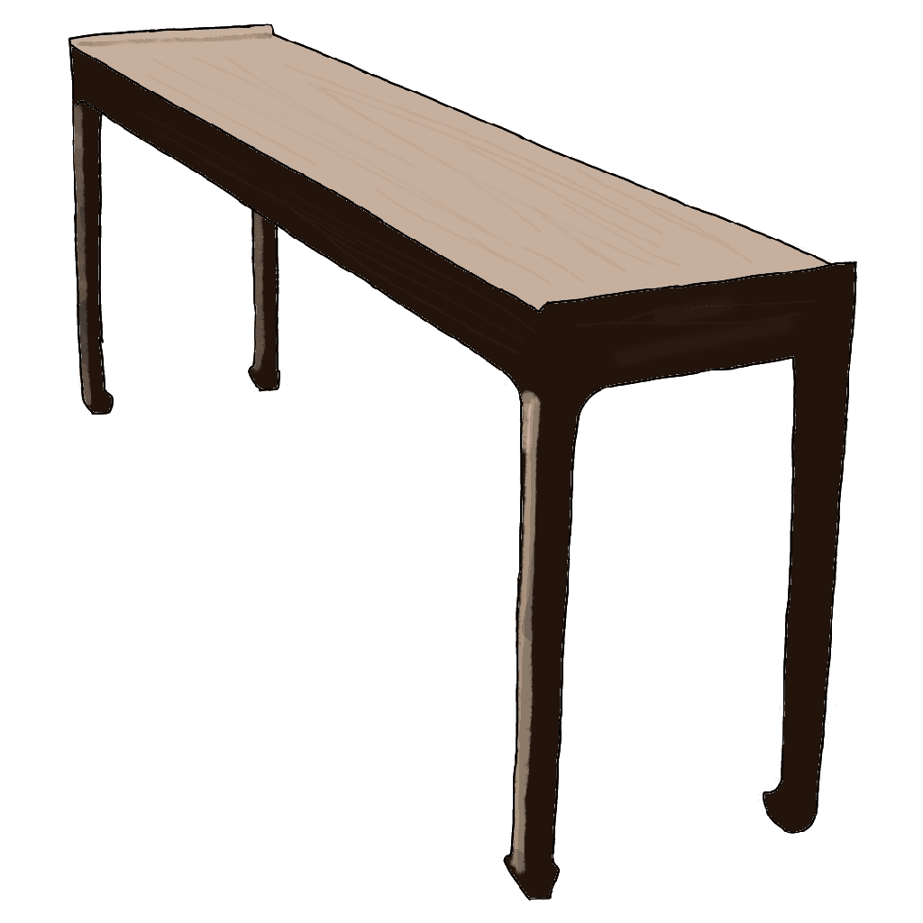 A long narrow console table.
