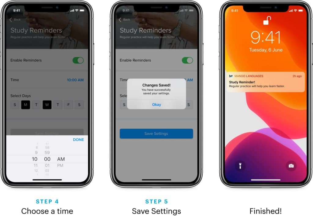 3 images of i-phone screens showing how to set a time reminder on your Mango app