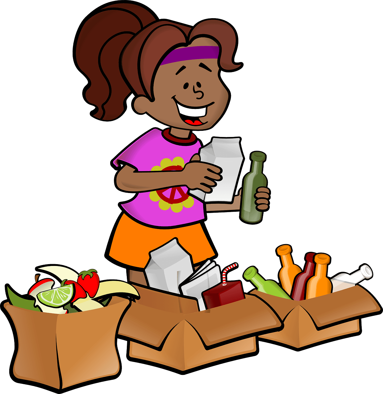 A drawing of a girl sorting recyclables into boxes by type.