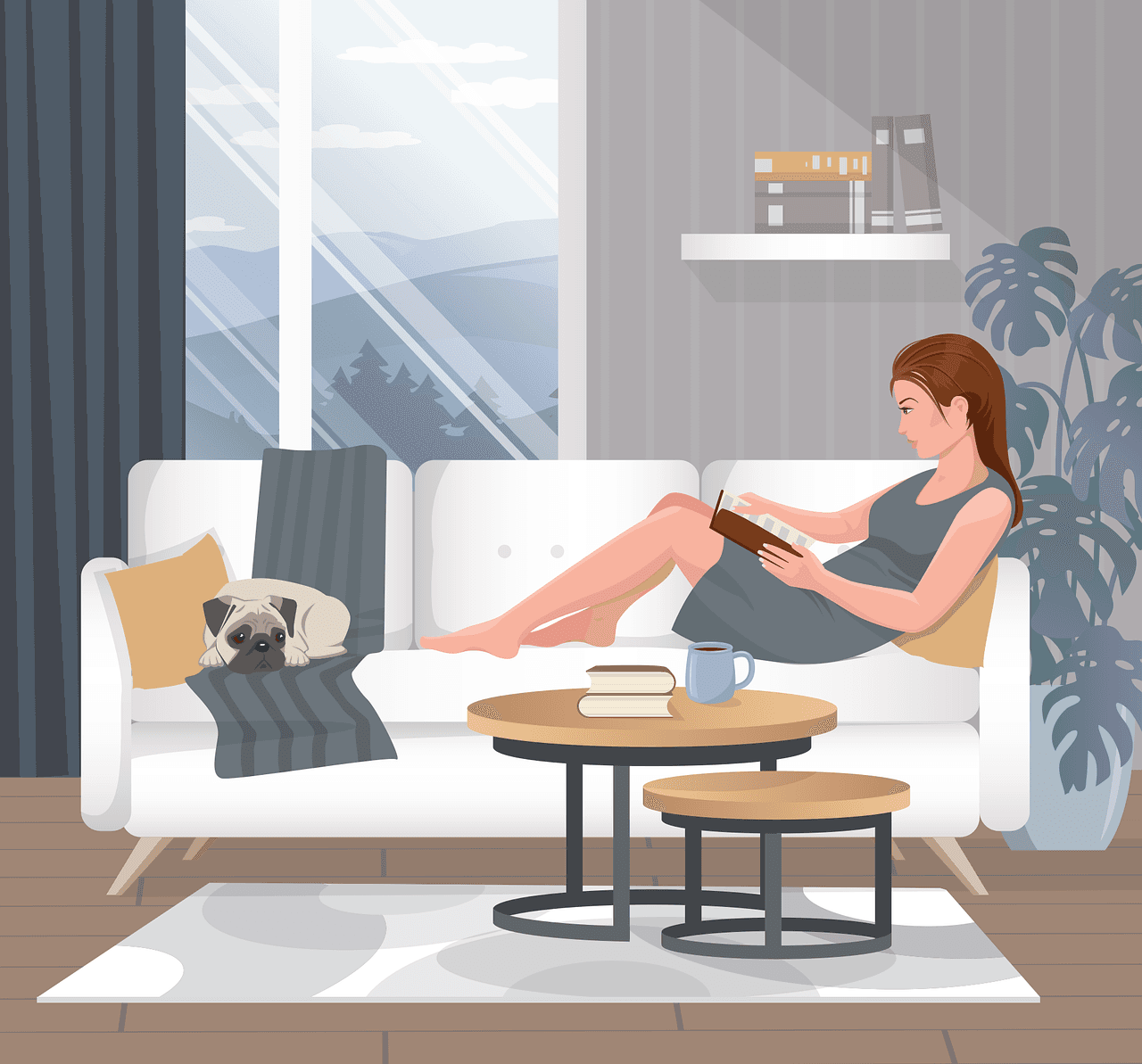 A woman is reading a book on a sofa, with a dog at her feet. There is a houseplant behind her. There are books and a coffee mug on the table beside her.
