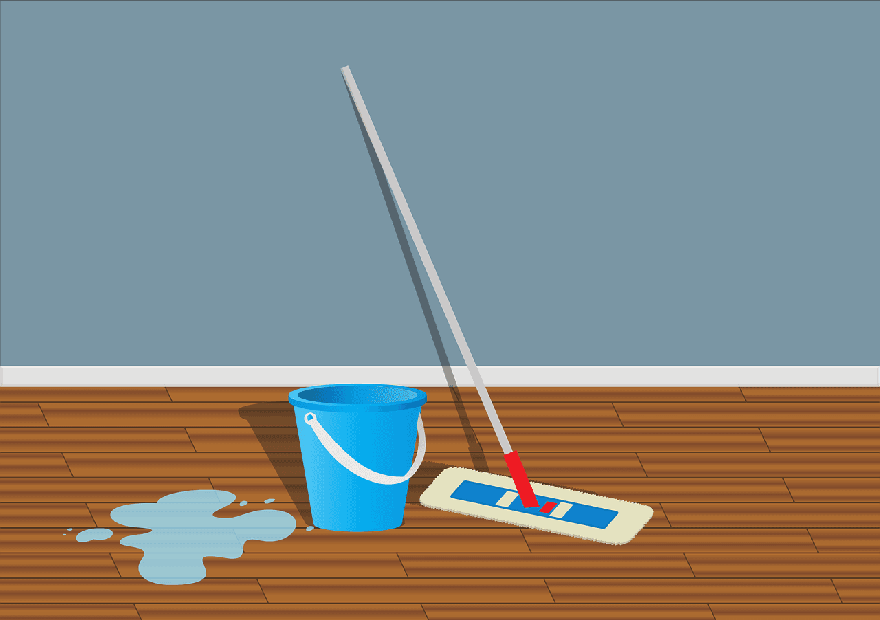 A drawing of a mop and bucket on a wet floor.