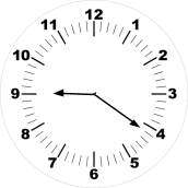 A clock with the hour arm pointing to 9 and the minutes arm pointing to 4.
