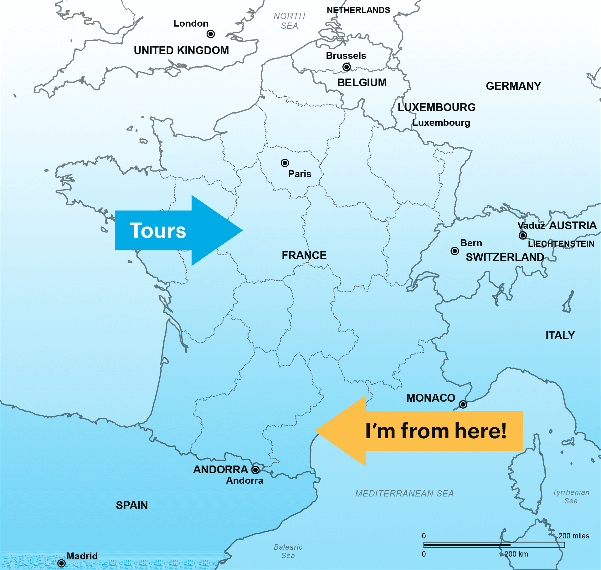 A map of France. A blue arrow points to Tours (near the center of the country) and a yellow arrow labelled "I'm from here" points to an area further south near the Mediterranean Sea.