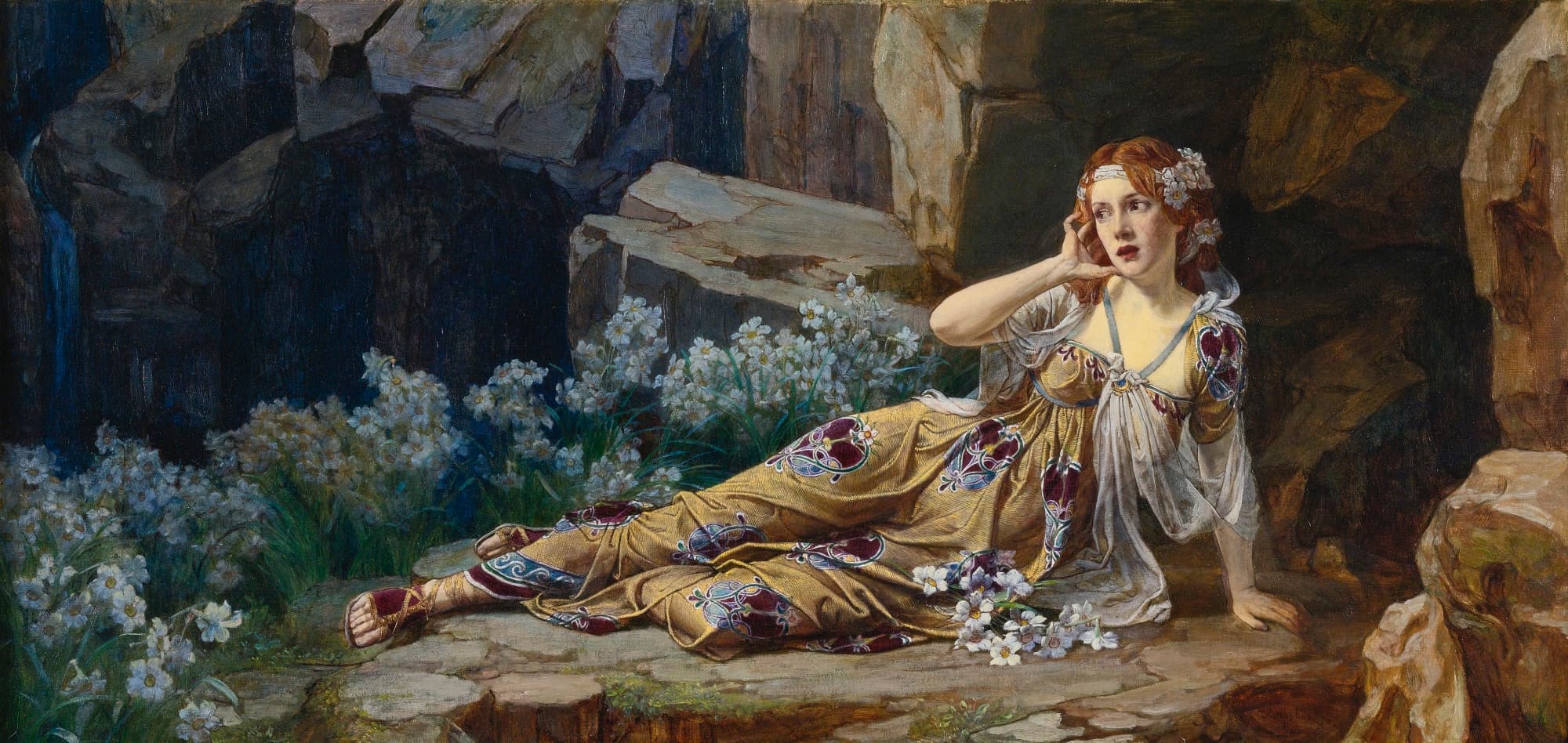 A painting of Echo, a woman in a flowing Greek outfit, collapsed outside a cave, surrounded by Narcissus flowers