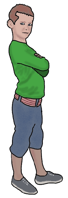 A drawing of a short white boy in a green long-sleeved shirt, gray knee-length pants, and tennis shoes.