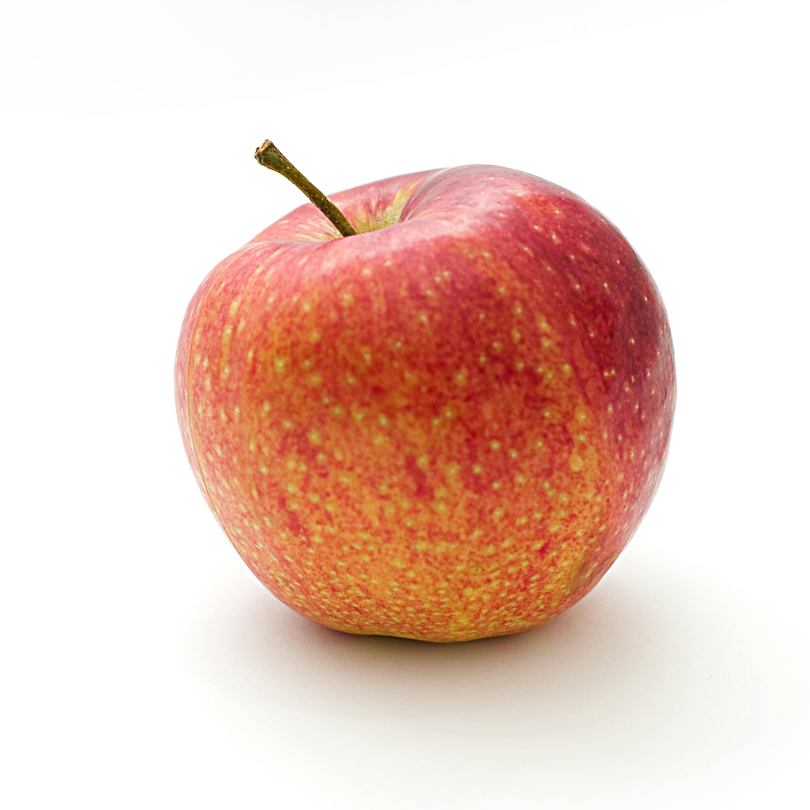 A photograph of a red apple on a white background.