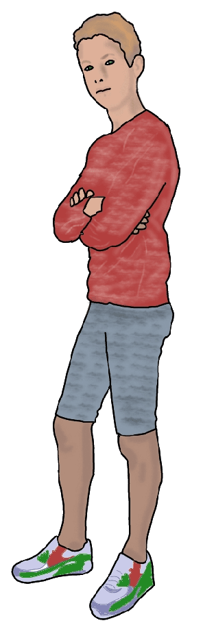 A drawing of a taller white boy in a red long-sleeved shirt, gray shorts, and sneakers.