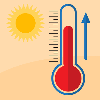 A graphic of a thermometer and a hot sun. An arrow points upward to suggest the temperature is rising.