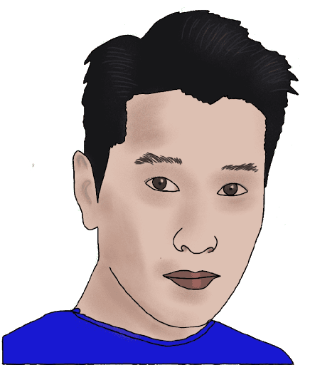 A drawing of a man with light skin, dark hair, and a blue shirt.