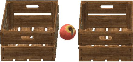 A picture of two crates with an apple sitting between them.