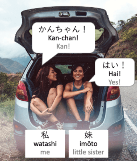 Two sisters talking in the back of a car. Watashi (me) calls imoto (little sister) "Kan-chan" and she replies "Hai!" (Yes!)