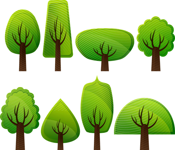 Eight cartoon trees with different shapes.