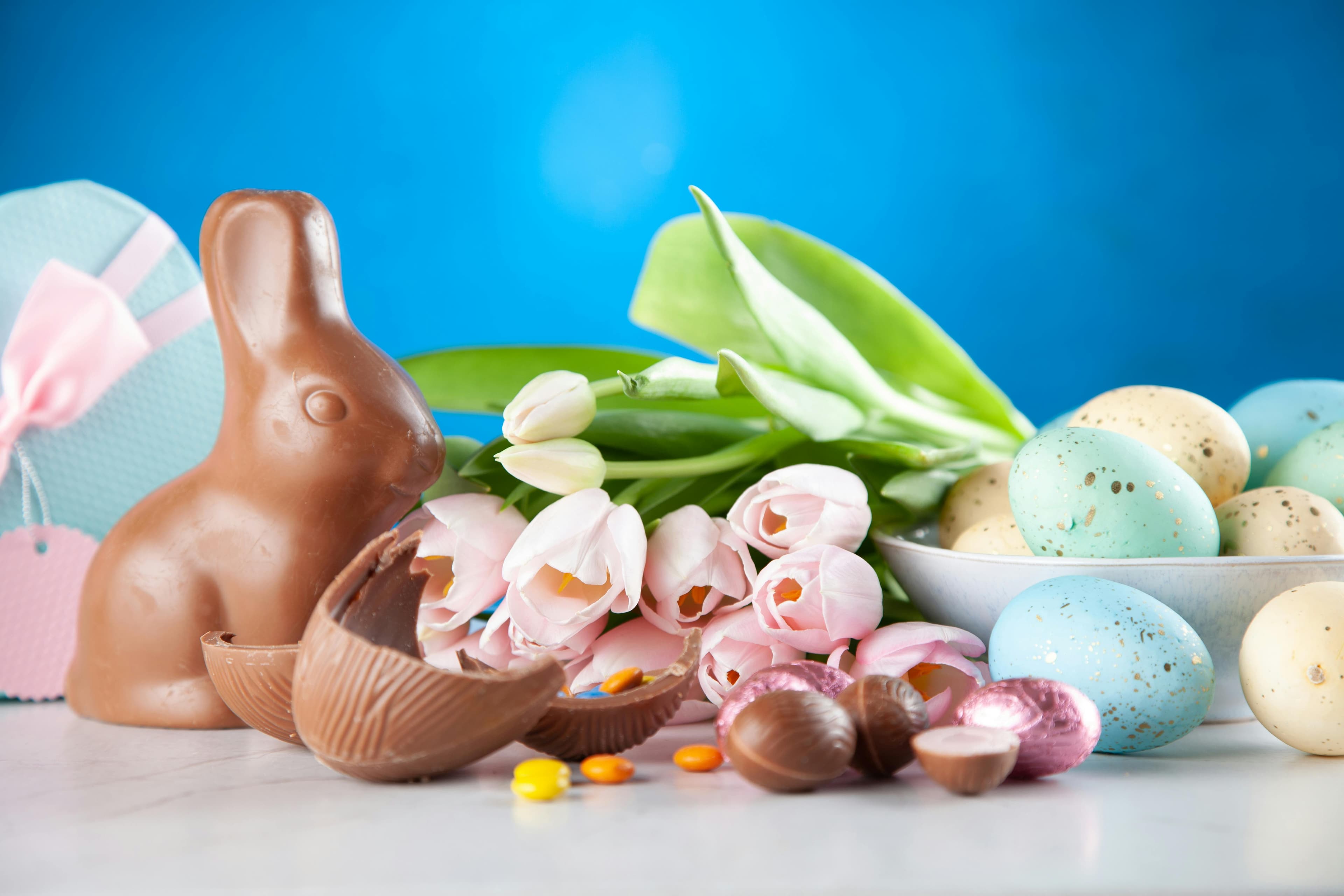 A set of easter decoration on a table. There is a chocolate bunny, some tulips, some died eggs, and some chocolate eggs that have been cracked open.