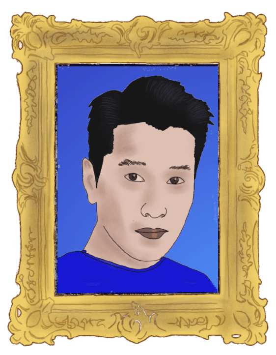 A drawing of a framed picture in an ornate gold frame. The picture is a portrait of a man with short dark hair in a blue shirt in front of a blue background.
