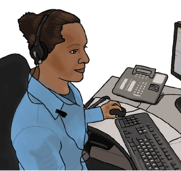 A drawing of a brown-skinned woman at a desk with a phone headset.