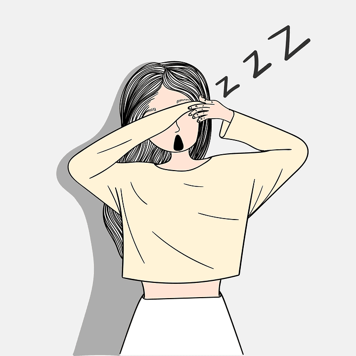 A drawing of a woman yawning wide and stretching, with several z's above her head.
