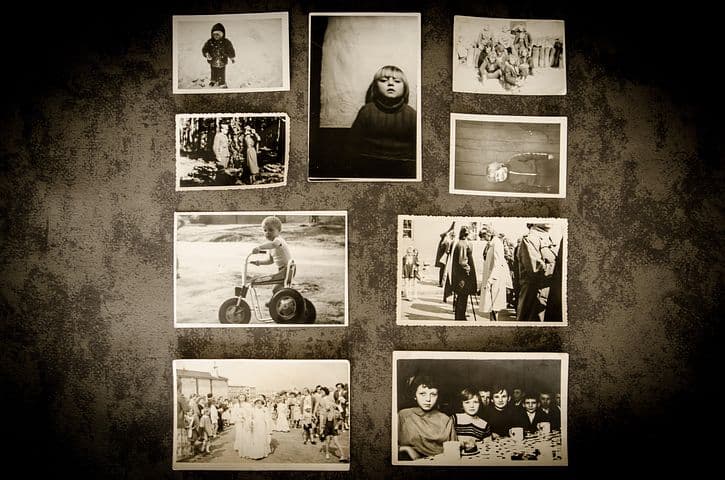 Nine black-and-white family photos.
