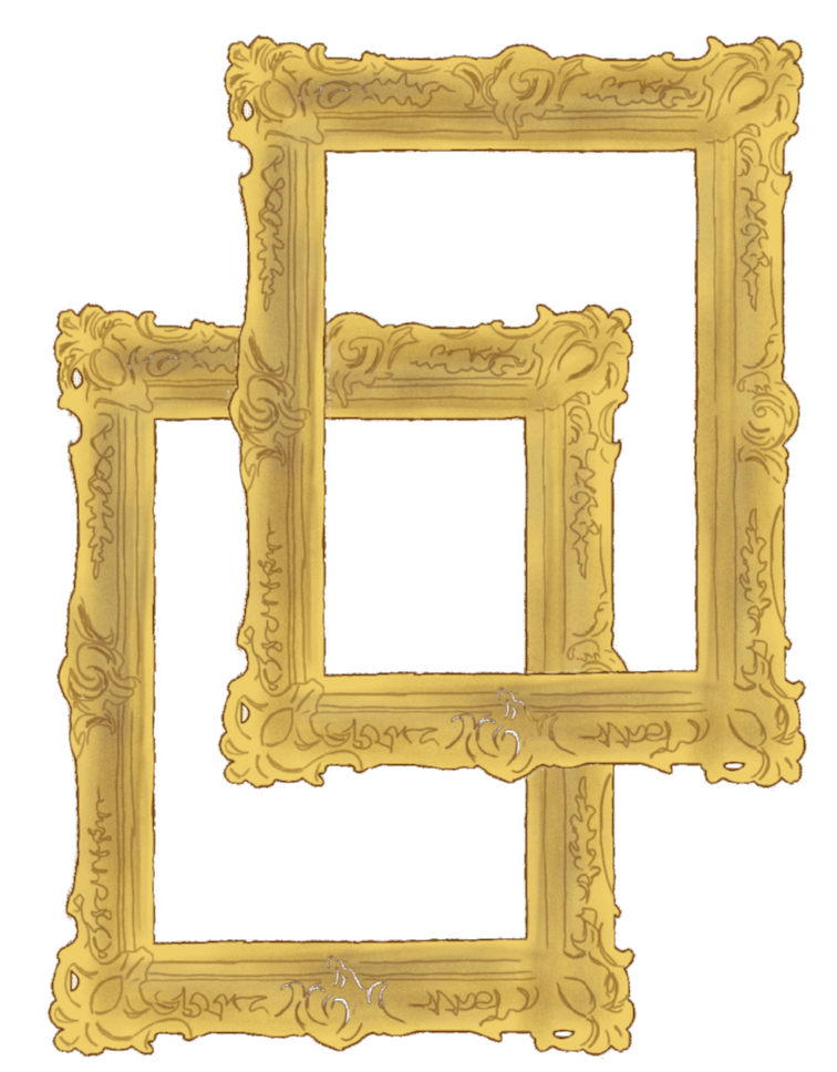 A drawing of two ornate gold picture frames. They are empty and overlap.