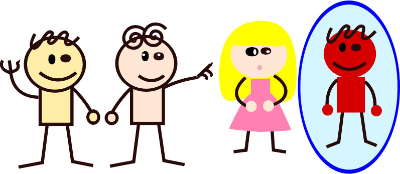A rough graphic with four cartoonish people. On the left, two people stand close together and on the right two more people stand a little further away. In this drawing, one of the closer people is pointing to one of the people further away, who is circled.