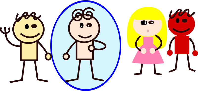 A rough graphic with four cartoonish people. On the left, two people stand close together and on the right two more people stand a little further away. In this drawing, one of the closer people is circled as he points to himself.
