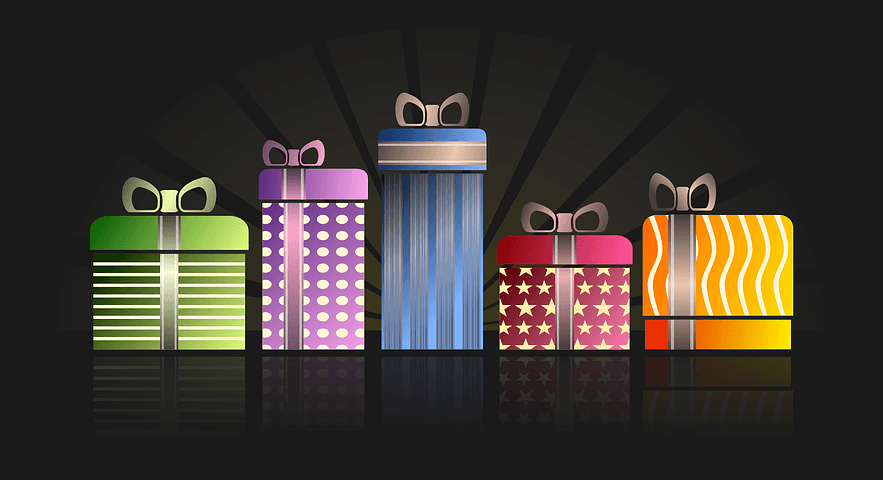 Five colorful gift boxes.