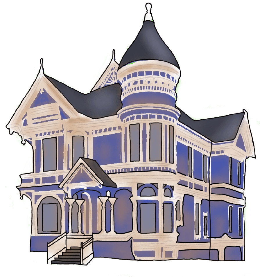 A drawing of a blue Victorian mansion.