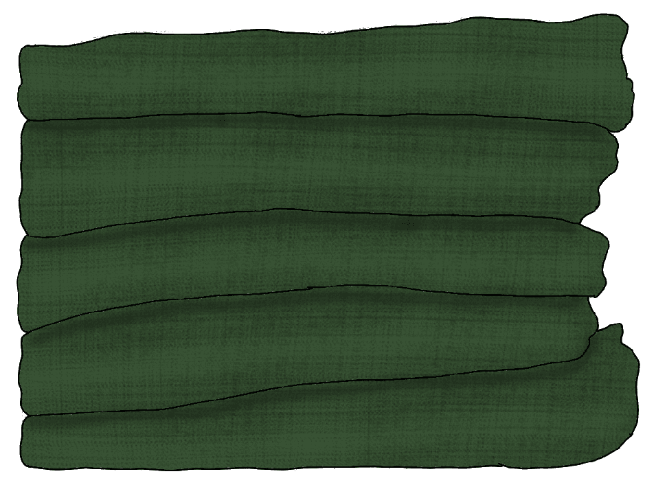 A drawing of a stack of five hunter green woolen blankets.