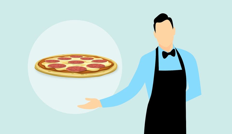 A clipart graphic of a man in waiter's clothes presenting a pepperoni pizza.