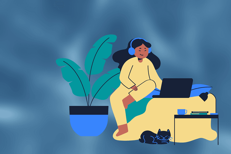 A clipart graphic of a girl sitting on a bed with a laptop and headphones. At her feet is a black cat and beside her is a large palm plant.