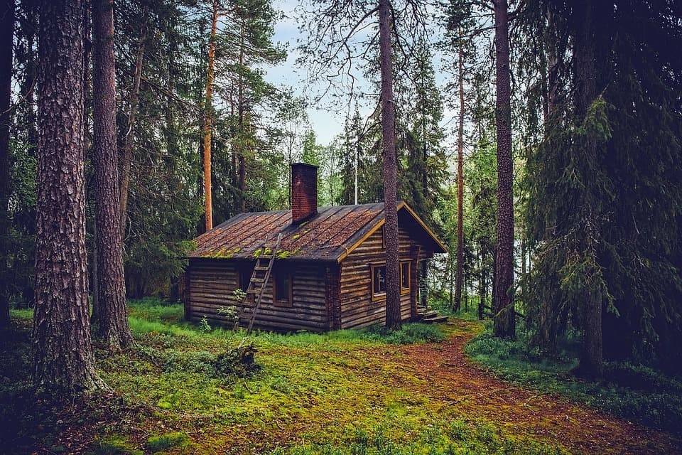 A photo of a log cabin in the woods.