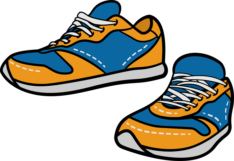 A drawing of a pair of blue and orange tennis shoes.