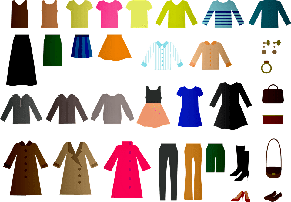A drawing containing many pieces of clothing. 2 tank tops, 3 t-shirts, 3 sweaters, 4 skirts, 2 blouses, 2 earrings, 1 ring, 3 sweatshirts, 3 dresses, 3 purses, 3 long coats, 2 pairs of long pants, 1 pair of shorts, and 3 sets of shoes.