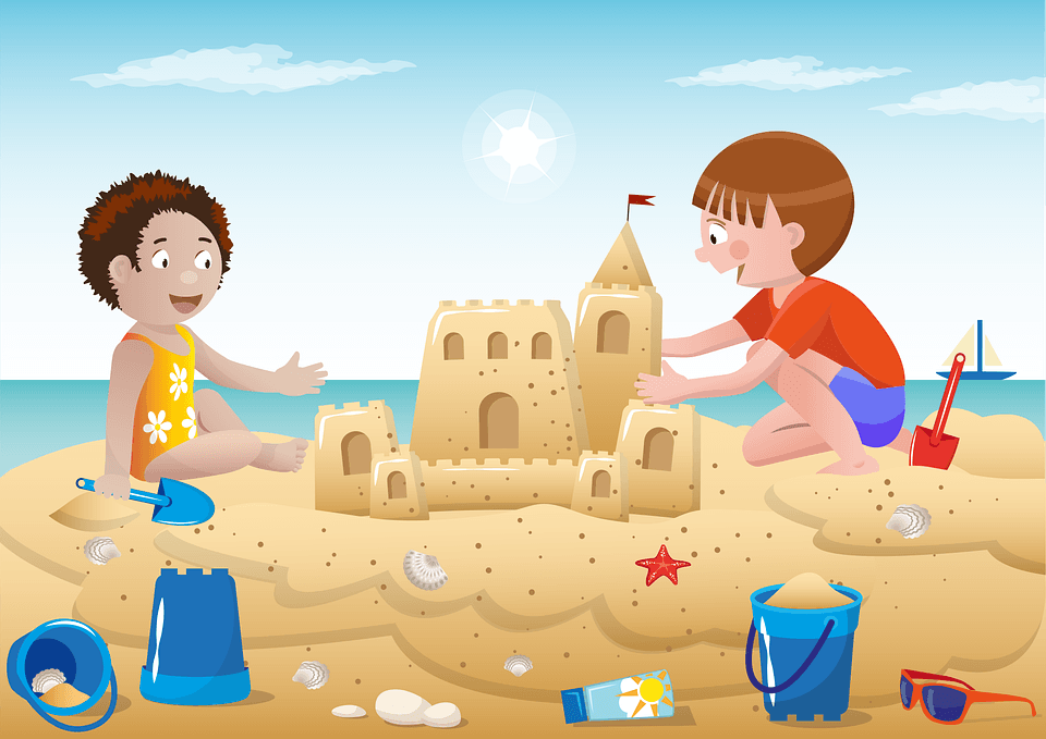 A cartoon of two children making a sand castle on the beach.