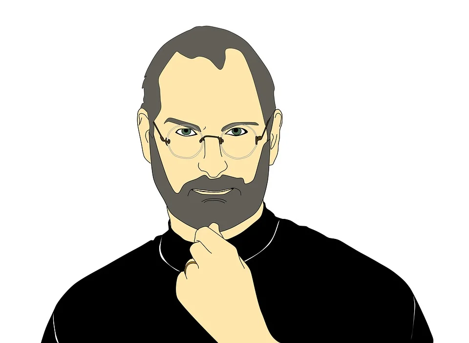 A clipart graphic of Steve Jobs: a white man with a dark gray hair and beard, round glasses, and a black turtleneck.