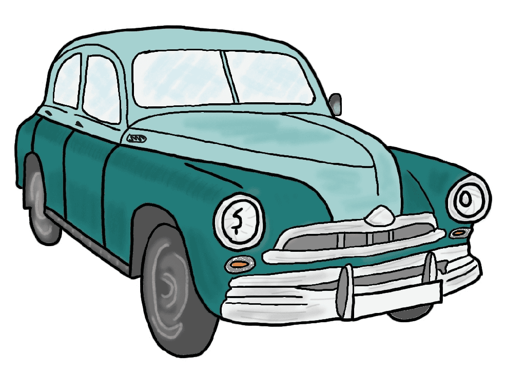 A drawing of an aqua car that looks like it's from the 1940s or 1950s.