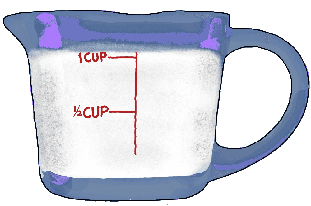A glass cup with a handle for measuring liquids.