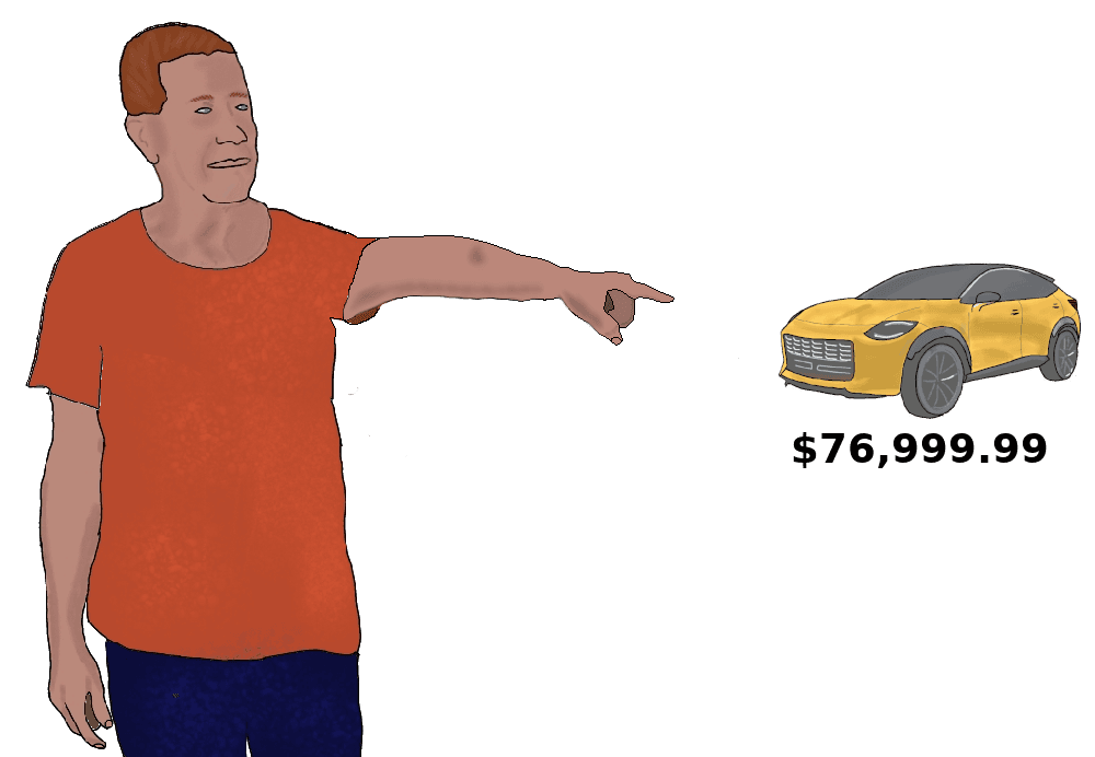 A drawing of a man in a red shirt pointing at a yellow sports car in the distance. The car is labeled "$76,999.99."