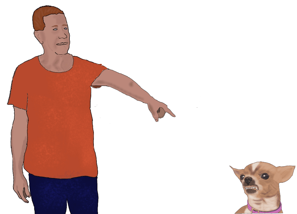 A drawing of a man in a red shirt pointing at a snarling chihuahua that is a little way away from him.