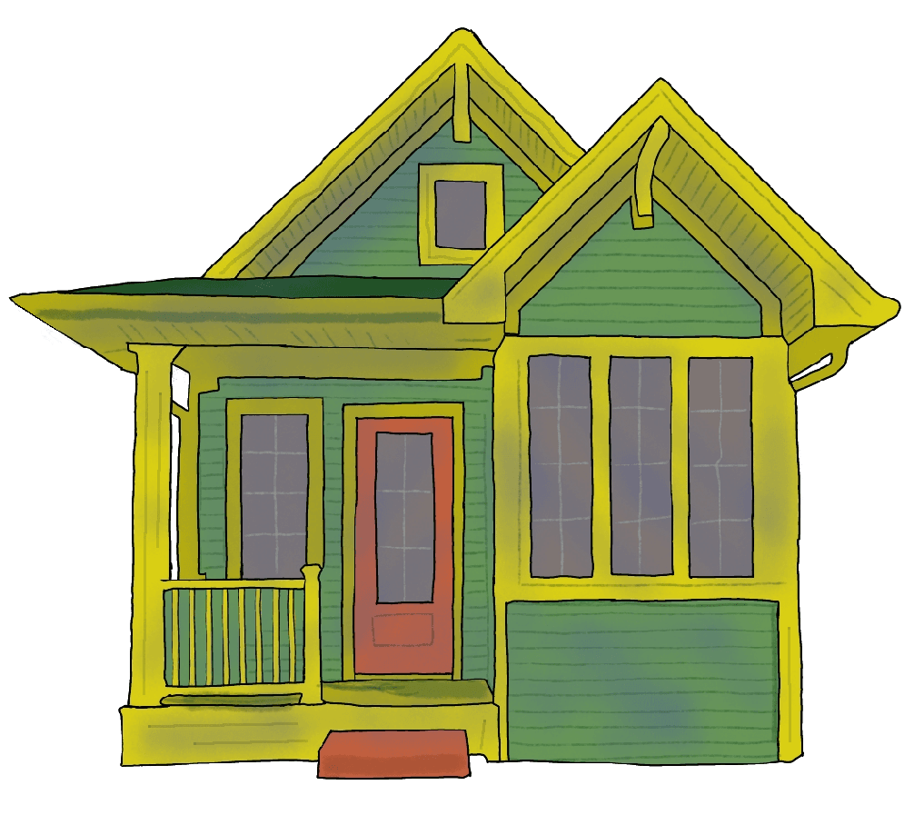 A drawing of a green and yellow cottage.