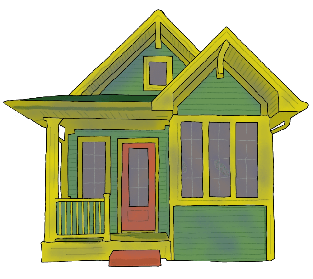A drawing of a small green and yellow cottage.