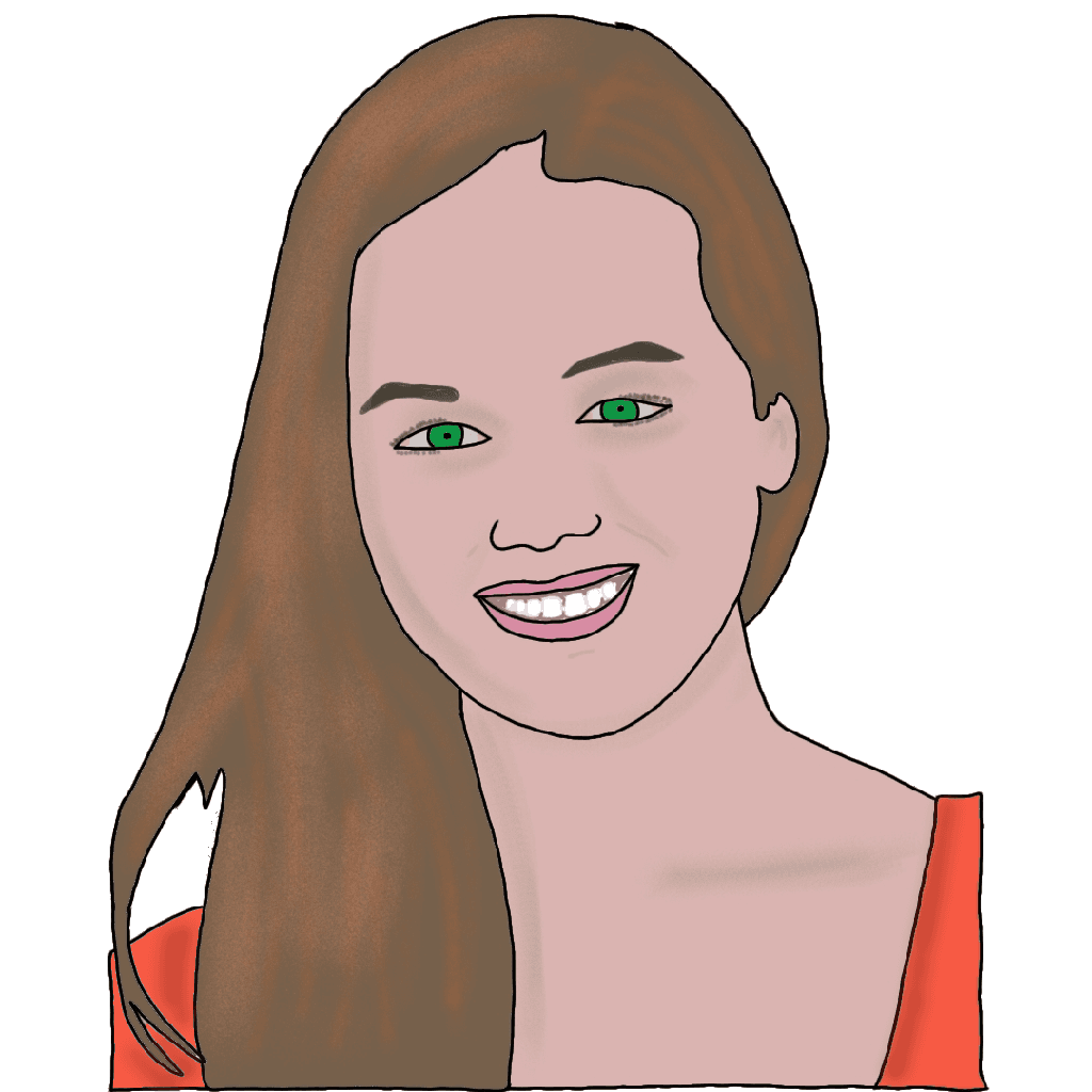 A drawing of a young, smiling white woman with long brown hair, green eyes, and an orange shirt.