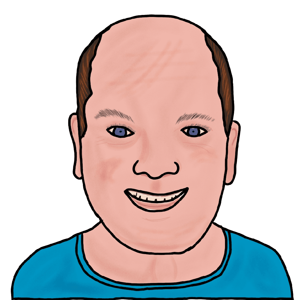 A drawing of a smiling white man. He is balding, has blue eyes, and is wearing a blue shirt.
