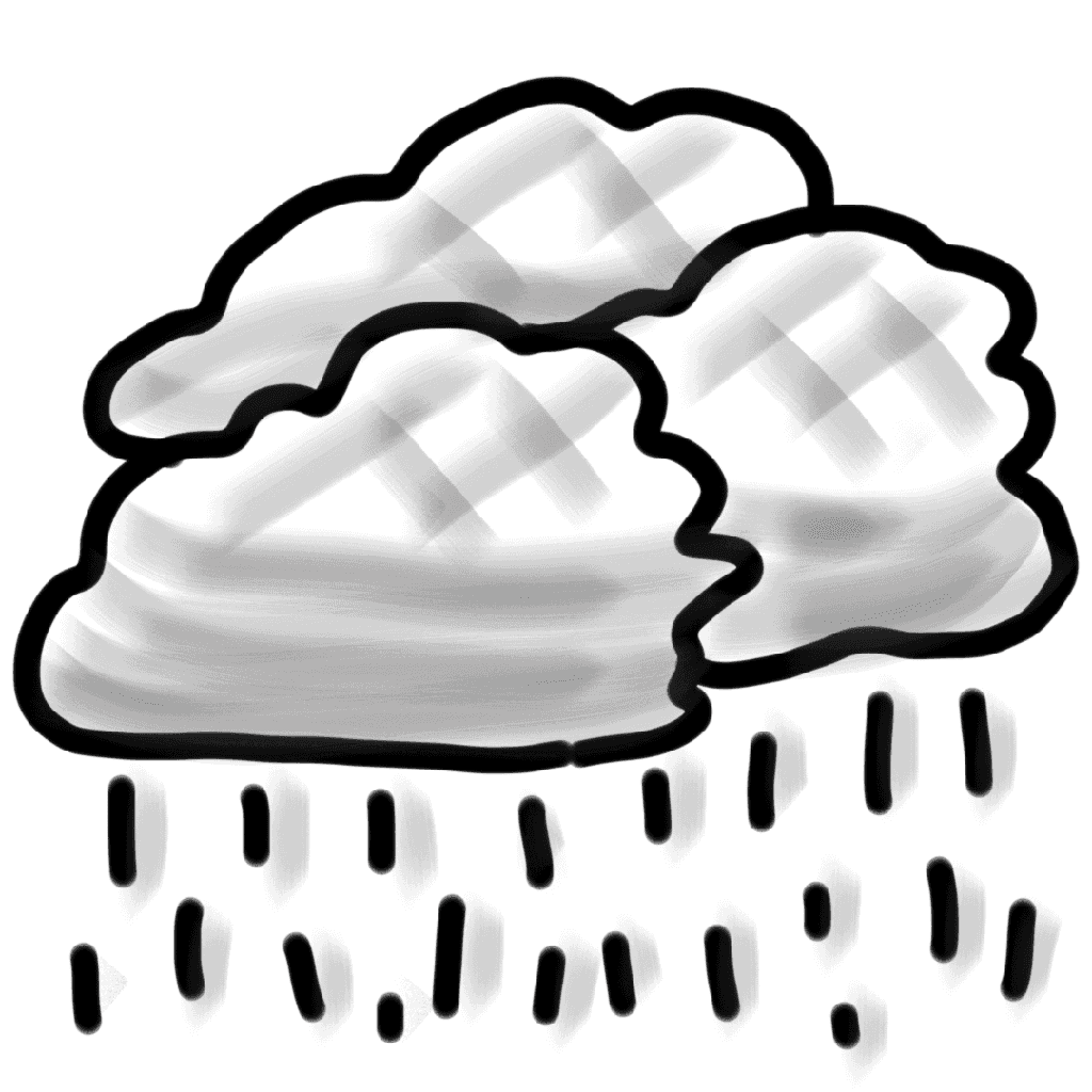 A black-and-white line drawing of a group of three clouds with rain coming down below them.
