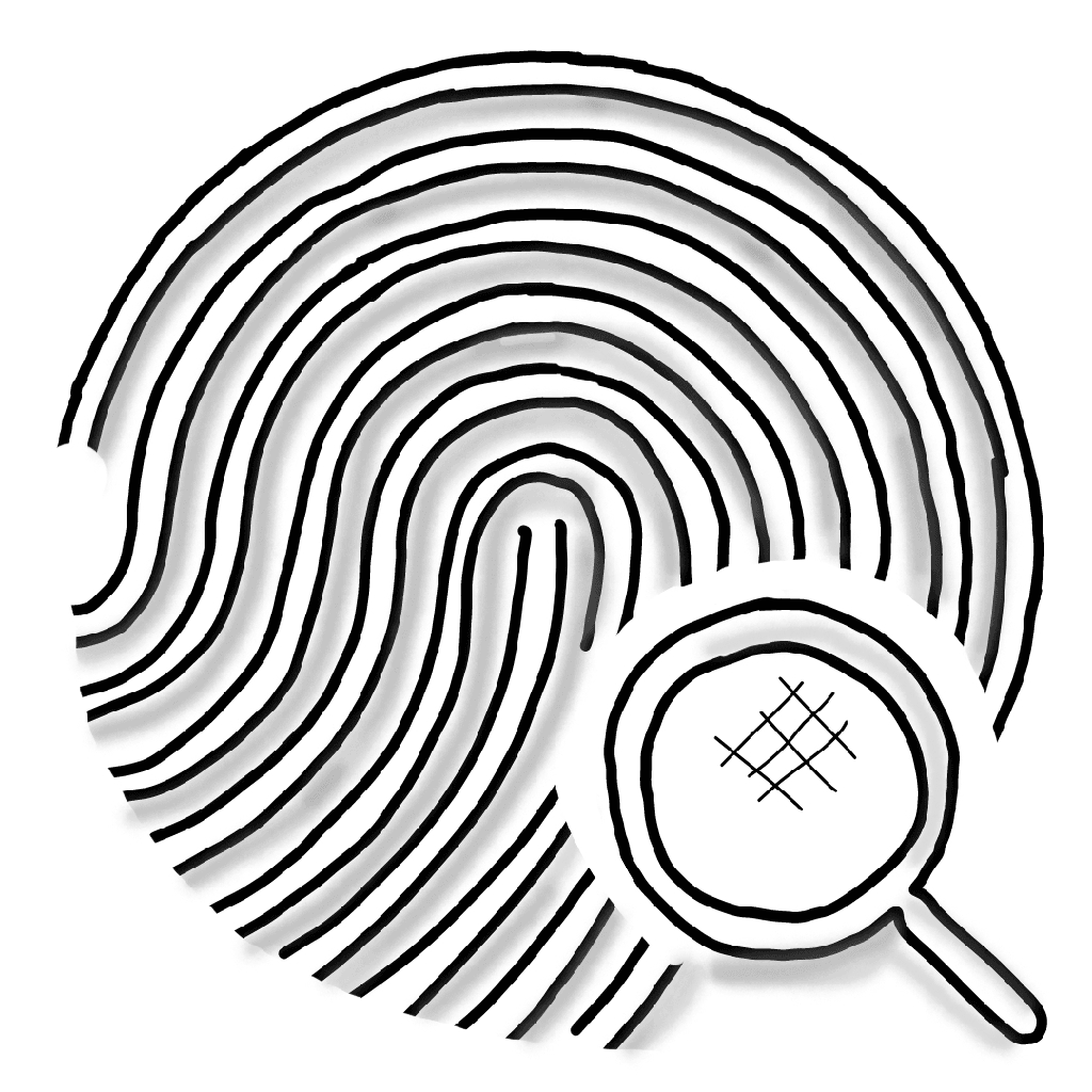 A black-and-white line drawing of a finger print pattern with a small magnifying glass in the corner.