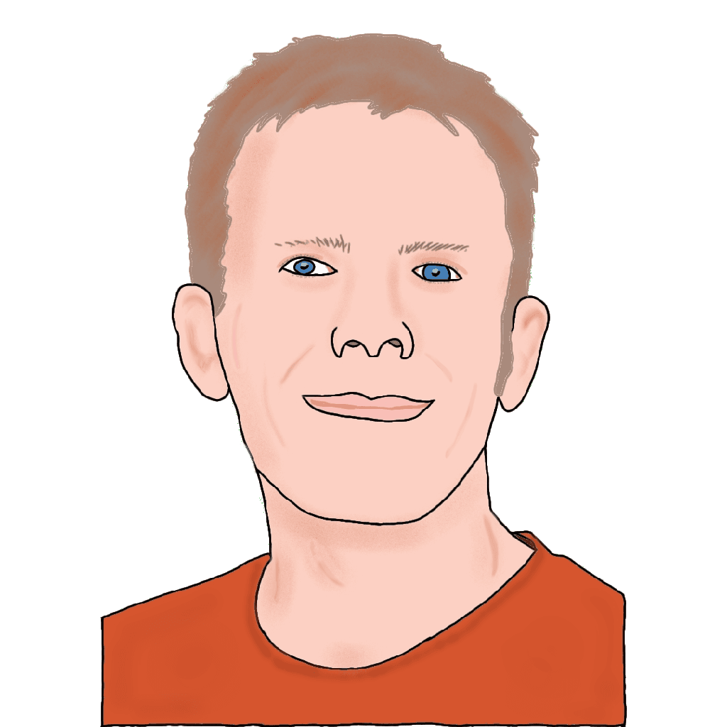 A drawing of a white guy in a red shirt with short light-colored hair and blue eyes.