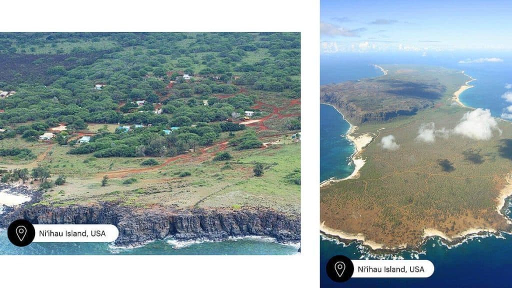 Two aerial pictures of the Ni'hau island in Hawaii