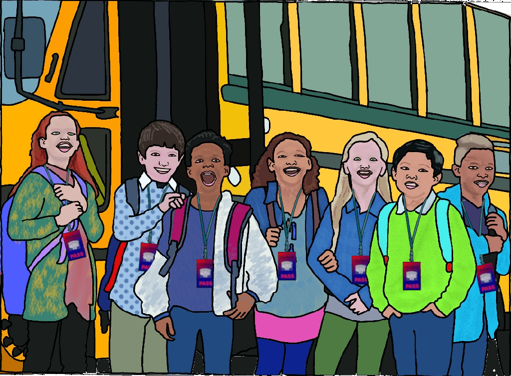 A drawing of a group of seven smiling children lined up in front of a yellow school bus. Each child has a necklace with a museum pass on it. From left to right: a white girl with long brown hair, a green sweater and a backpack; a white boy with short, dark hair, a spotted blue collared shirt and a backpack; a black boy with a blue t-shirt, white jacket, and a backpack; a mixed-race girl with curly brown hair, a blue collared shirt over a t-shirt, and a backpack; a white girl with long blonde hair, a blue collared shirt, and no backpack; An asian boy in a lime green sweater and collared shirt with a backpack; a black boy with light hair, a light blue collared shirt, a dark blue t-shirt, and a backpack.
