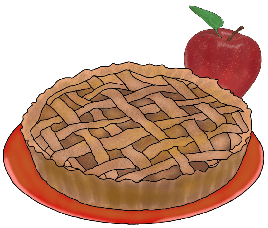 A drawing of a pie with a lattice crust sitting in front of a red apple.