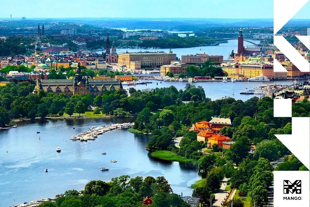 Downtown of Swedish city with historical buildings and bridges